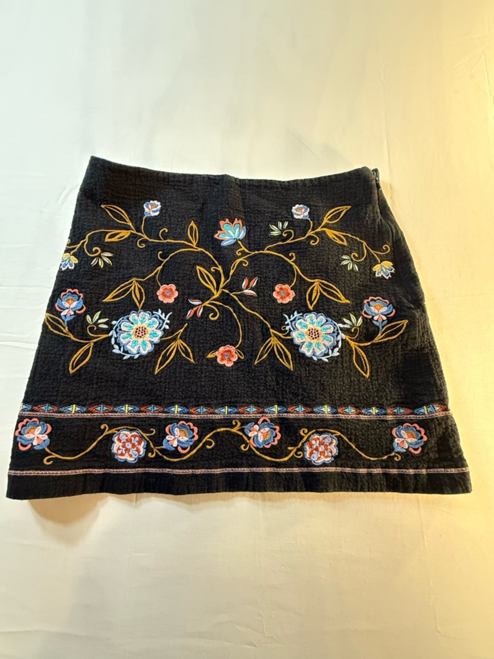 LOFT Black A-Line Skirt with Multicolor Floral Embroidery